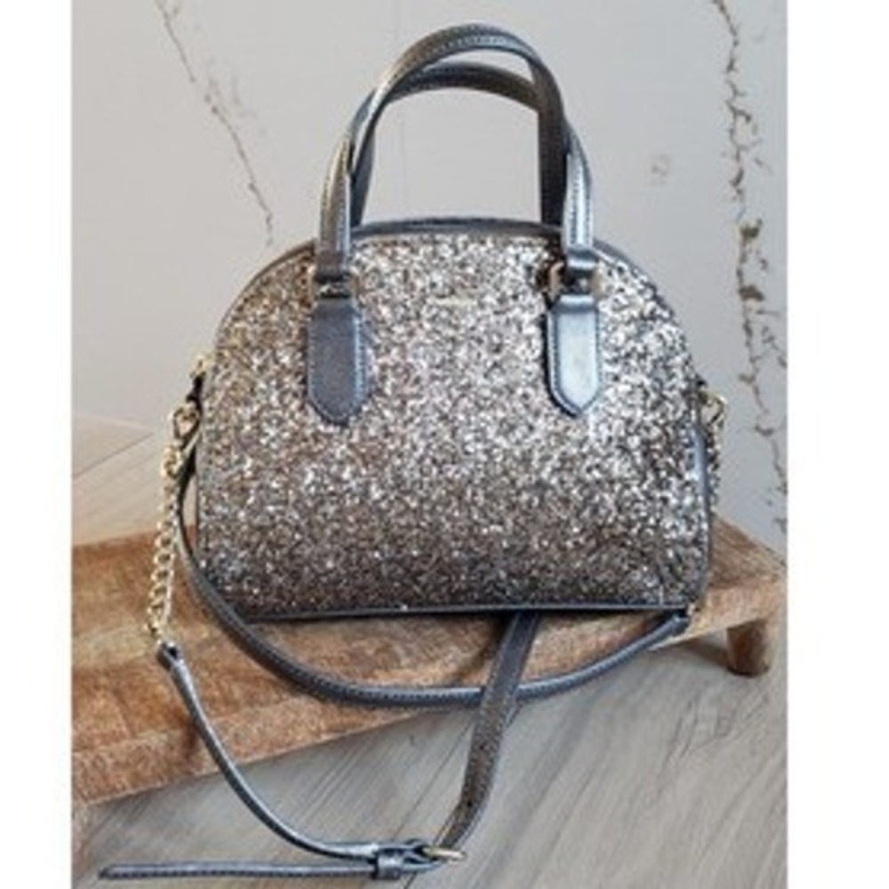 Kate Spade Crossbody Bag Womens Small Silver Leather Glitter Satchel Evening‎